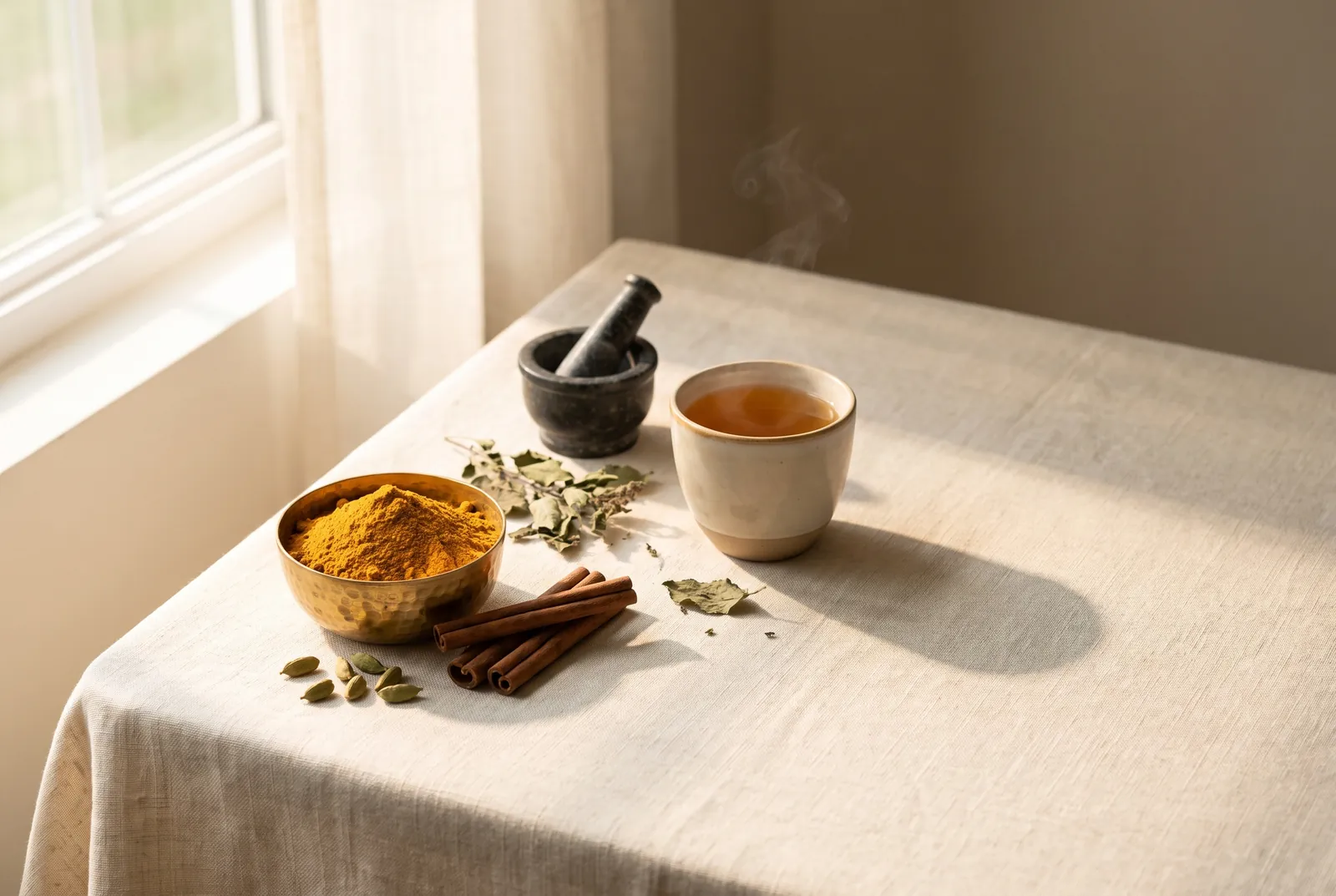 Especiarias e ervas usadas na Ayurveda sobre uma mesa clara