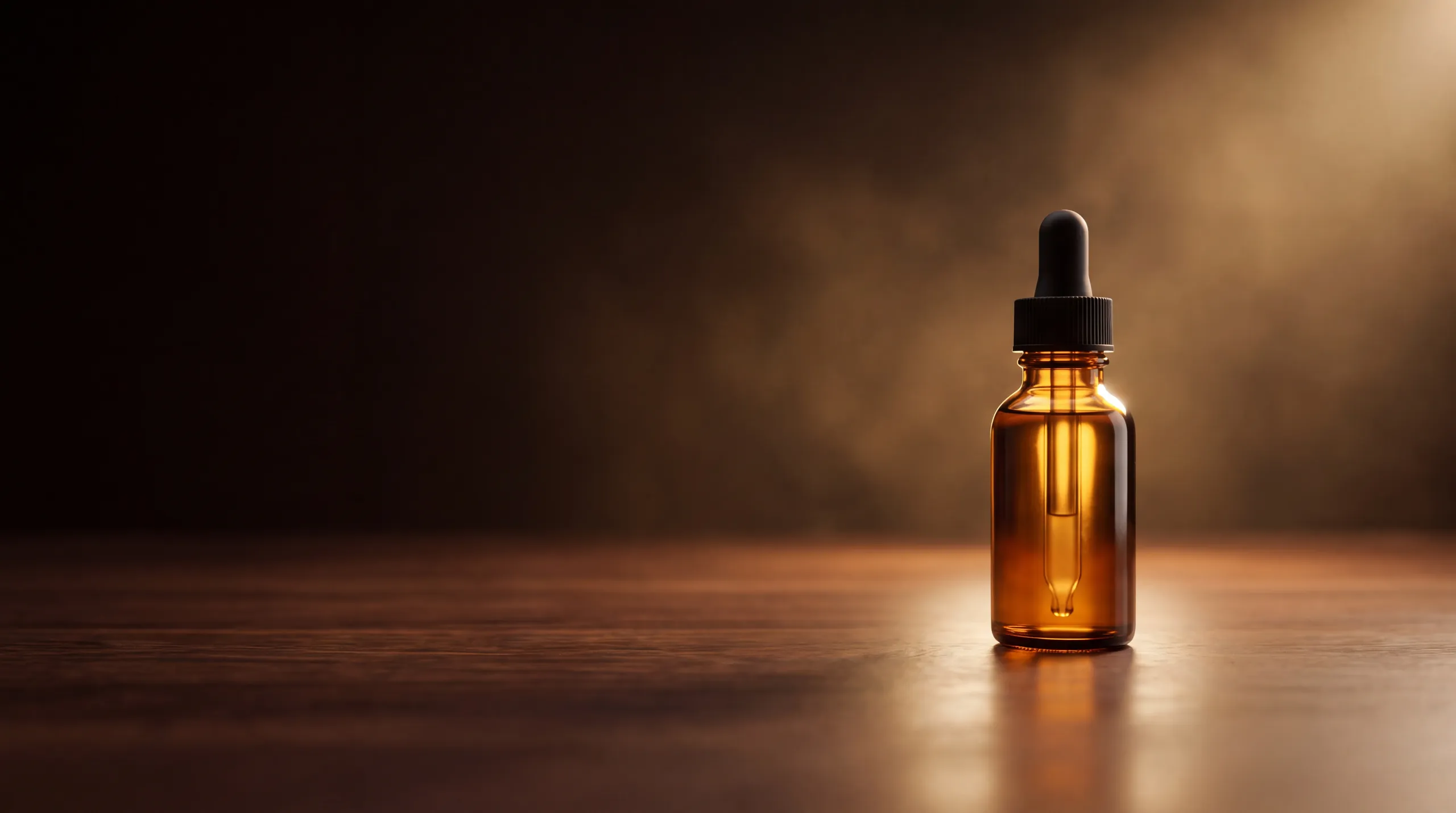 Frasco âmbar de homeopatia sobre mesa de madeira, com glóbulos espalhados